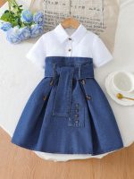 4-7Y Years Latest Children Dressed Casual Kids Princess Short Sleeves Solid Color Dress Designs Elegant Denim Girl Dresses - Image 2