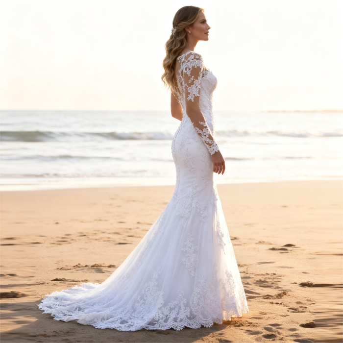 Fishtail Lace Long Sleeve Wedding Dress for Bridal | Luxelle8