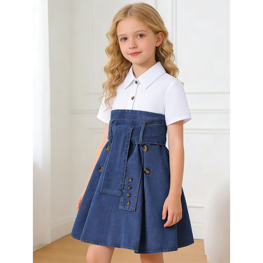 H0bb3c872d17f4e41a5f829e1fc575080u.jpg 4-7Y Years Latest Children Dressed Casual Kids Princess Short Sleeves Solid Color Dress Designs Elegant Denim Girl Dresses - Image 1