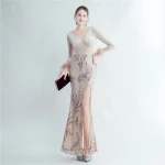 Luxelle8 Velvet Feather Beaded Long-Sleeve Evening Gown - Image 3