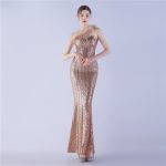Luxelle8 One-Shoulder Ostrich Feather Beaded Evening Gown