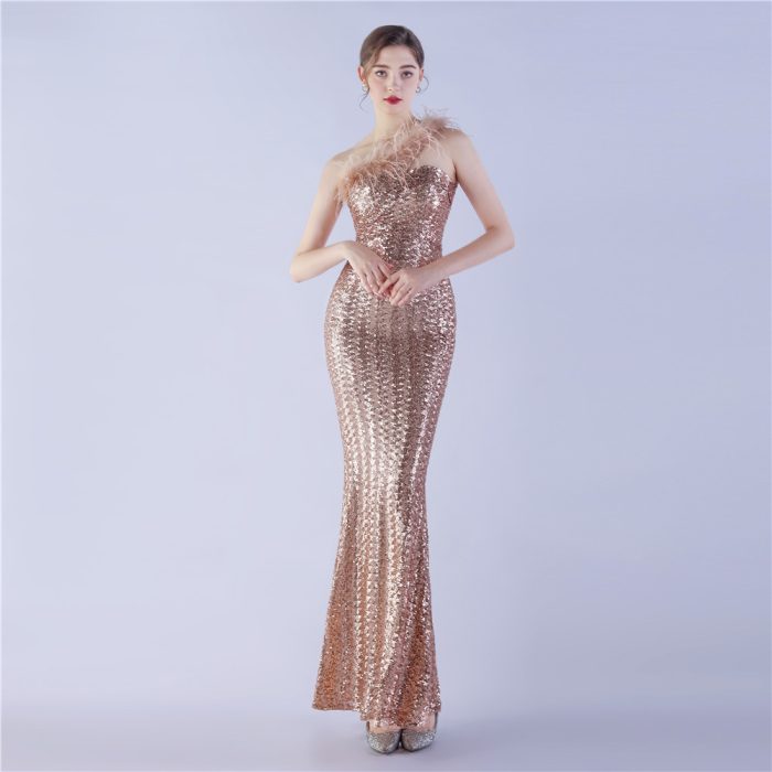 One-Shoulder Ostrich Feather Beaded Evening Gown for | Luxelle8