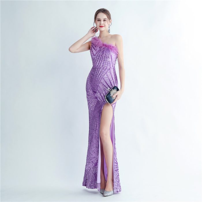 One-Shoulder Feather-Trim Sequin Evening Gown for Parties | Luxelle8