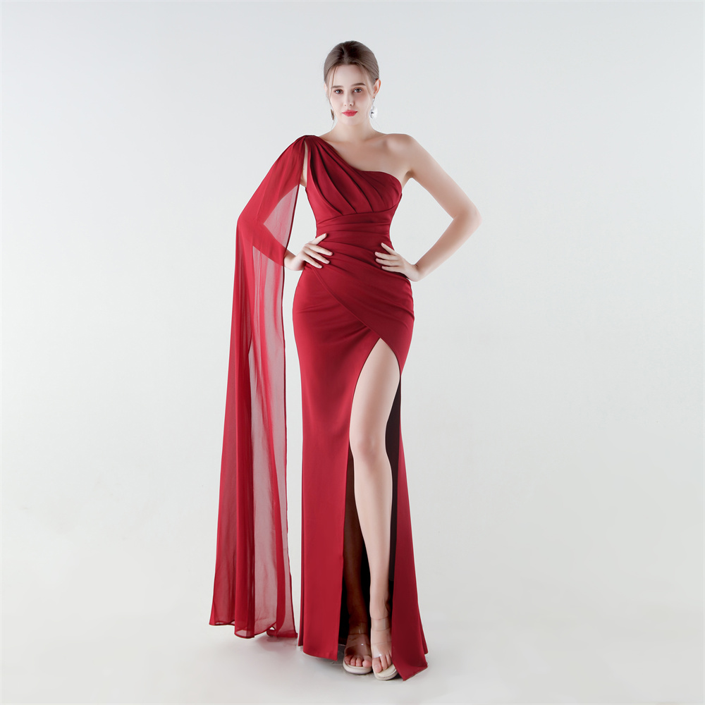 H19f6af0bcc1447539d53cc2bbcc1ab9fF.jpg Luxelle8 Satin Chiffon One-Shoulder Mermaid Evening Gown - Image 1