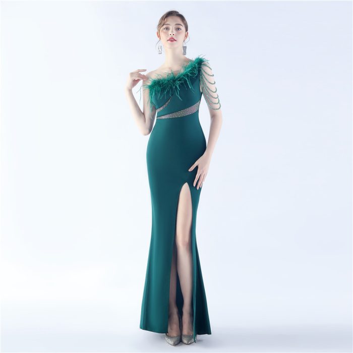 One-Shoulder Ostrich Feather Beaded Evening Dress for | Luxelle8