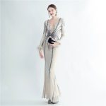 Luxelle8 Feather-Detail Beaded Long-Sleeve Evening Gown - Image 6
