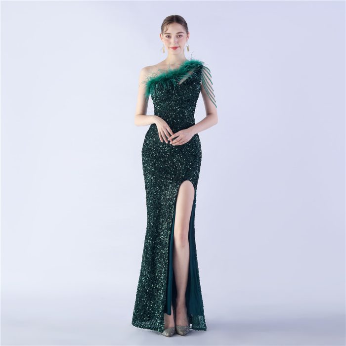 Ostrich Feather High-Slit Evening Gown for Parties Special | Luxelle8