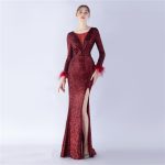 Luxelle8 Ostrich Feather Pearl Long-Sleeve Evening Gown - Image 3