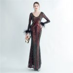 Luxelle8 Feather-Detail Beaded Long-Sleeve Evening Gown