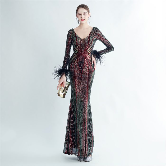 Feather-Detail Beaded Long-Sleeve Evening Gown for Parties | Luxelle8