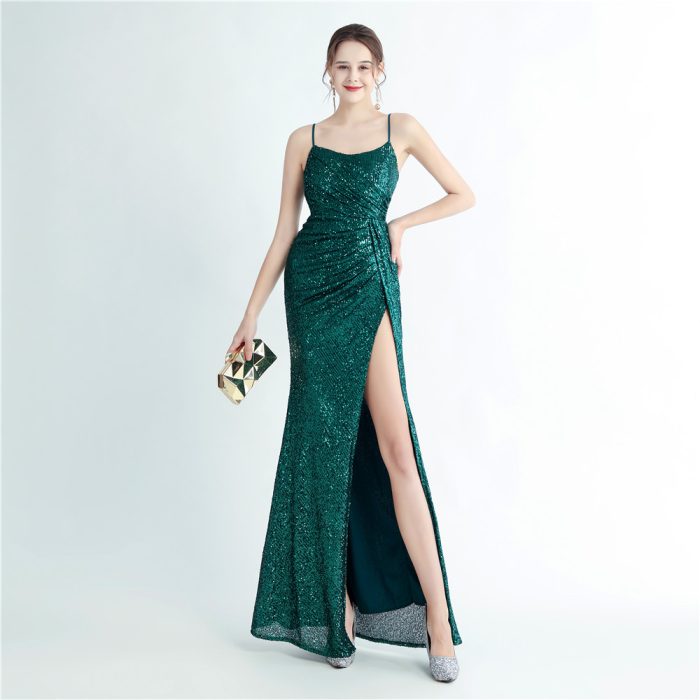 High-Density Beaded High-Slit Spaghetti-Strap Gown | Luxelle8