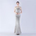 Luxelle8 One-Shoulder Ostrich Feather Beaded Evening Gown - Image 5