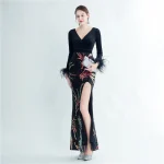 Luxelle8 Velvet Feather Beaded Long-Sleeve Evening Gown - Image 6