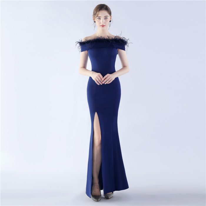 Satin Strapless Ostrich Feather Evening Gown for Parties | Luxelle8