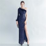Luxelle8 Ostrich Feather Draped High-Slit Evening Gown