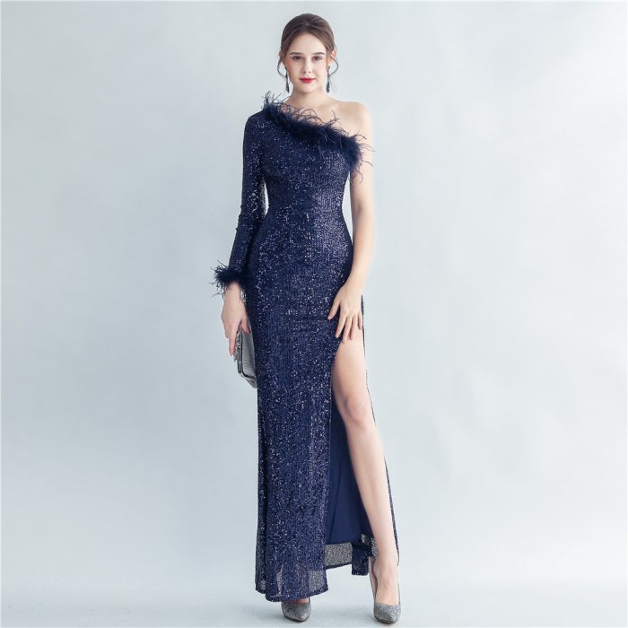 Ostrich Feather Draped High-Slit Evening Gown for Parties | Luxelle8