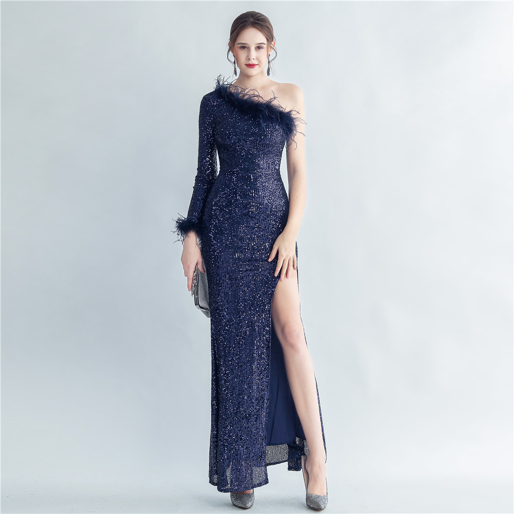 H57145c91cae44921a0eae85a0a0b0fe1n.jpg Luxelle8 Ostrich Feather Draped High-Slit Evening Gown - Image 1