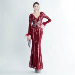 Luxelle8 Feather-Detail Beaded Long-Sleeve Evening Gown - Image 5