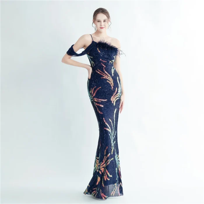 High-Density Feather Beaded Evening Gown for Parties | Luxelle8