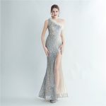 Luxelle8 One-Shoulder Feather-Trim Sequin Evening Gown - Image 5