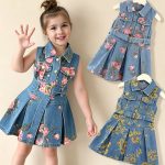 Hot Selling Kids Clothing Girls' Sleeveless Denim Dress Summer Floral Print Denim Skirt Fitted Girls Outfit Trendy