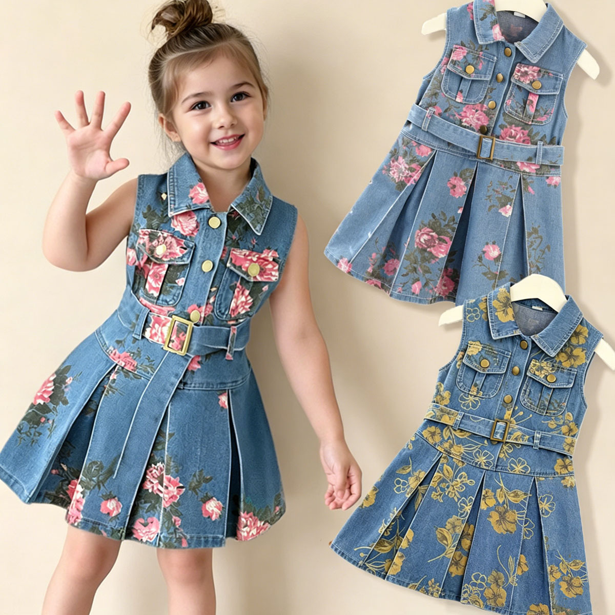 H644e5ff843a44404be488ff1025501435.jpg Hot Selling Kids Clothing Girls' Sleeveless Denim Dress Summer Floral Print Denim Skirt Fitted Girls Outfit Trendy - Image 1