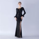 Luxelle8 Ostrich Feather Pearl Long-Sleeve Evening Gown - Image 2