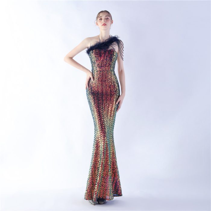 Ostrich Feather Beaded Evening Gown for Party Events | Luxelle8