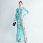 Luxelle8 Feather-Trim Beaded Mermaid Evening Gown - Image 3
