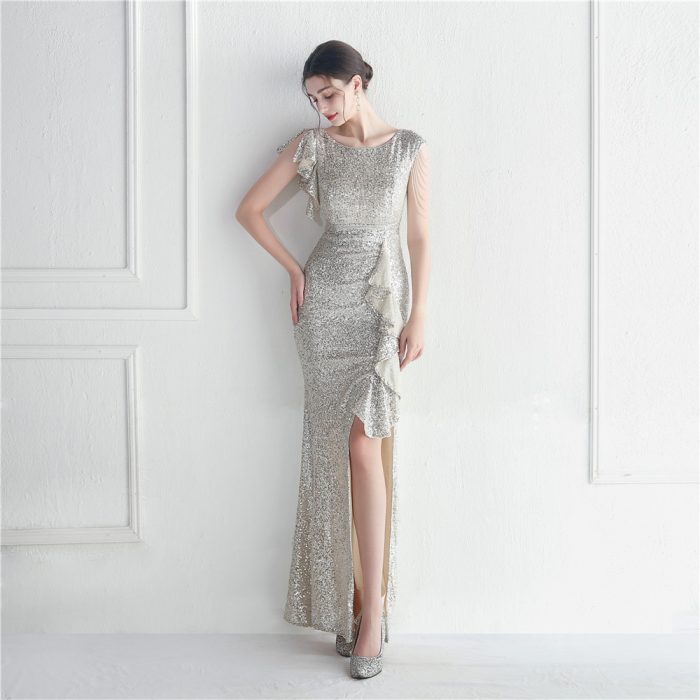 Ruffle Beaded Celebrity Sequin Evening Dress for Parties | Luxelle8