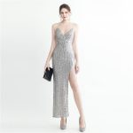 Luxelle8 Beaded Plaid High-Slit Spaghetti-Strap Dress - Image 4