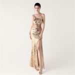 Luxelle8 One-Shoulder Beaded High-Slit Mermaid Evening Gown - Image 3