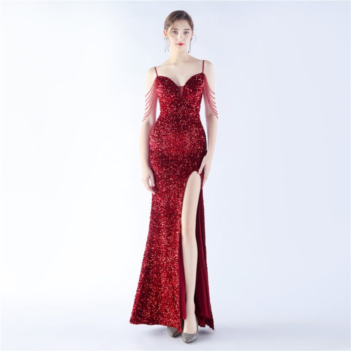 Velvet Sequin Hand-Beaded Evening Dress for Parties | Luxelle8