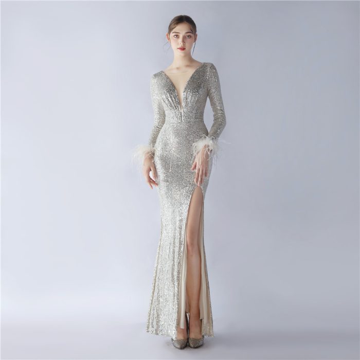 Ostrich Feather Pearl Long-Sleeve Evening Gown for Parties | Luxelle8