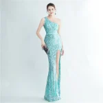 Luxelle8 Floral Beaded One-Shoulder High-Slit Evening Gown - Image 3