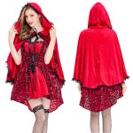 Sexy Dark Red Little Red Riding Hood Princess Costume Cloak Lace Print Halloween Fairy Tale Women's Adult Party Outfit - Image 5