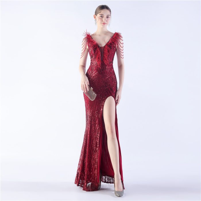 Heavy Beaded Feather Sequin Evening Gown for Parties | Luxelle8