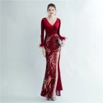 Luxelle8 Velvet Feather Beaded Long-Sleeve Evening Gown - Image 4