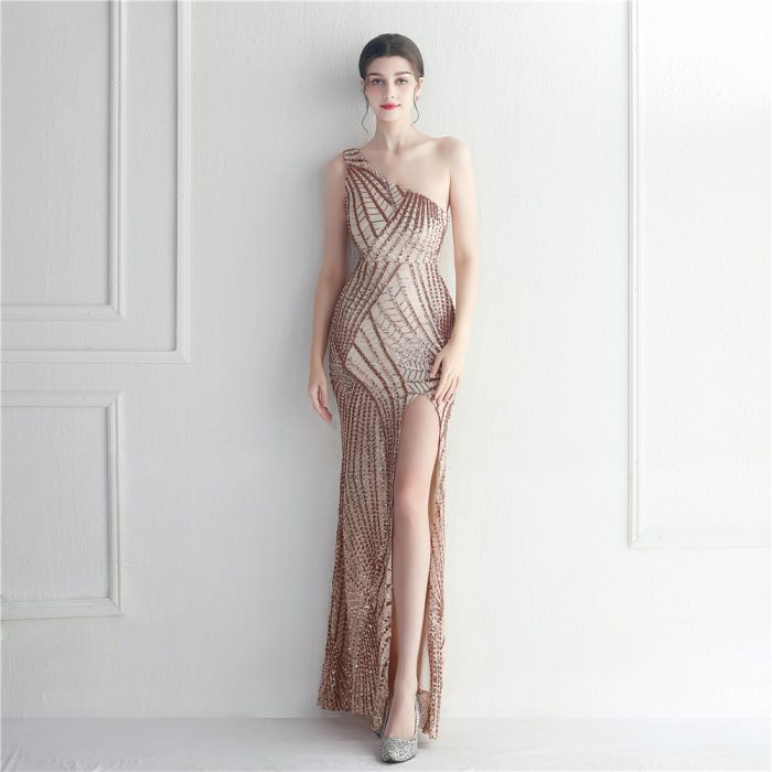 Beaded One-Shoulder Asymmetric Evening Gown for Parties | Luxelle8