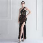 Iridescent Sequin One-Shoulder High-Slit Evening Dress