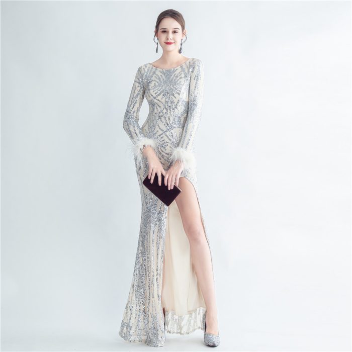 Feather-Trim Beaded Mermaid Evening Gown for Parties | Luxelle8