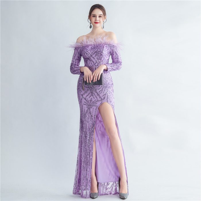 Ostrich Feather Sequin Long-Sleeve Mermaid Evening Gown | Luxelle8