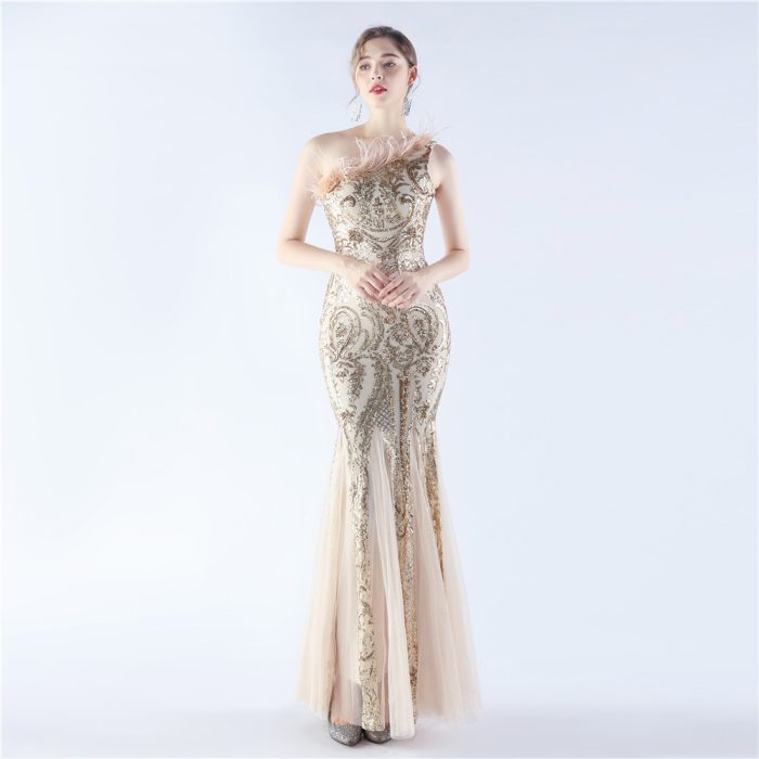 Feather Mesh Beaded Evening Gown for Party Events | Luxelle8