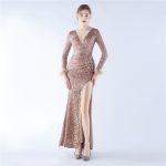 Luxelle8 Hand-Beaded Ostrich Feather Long-Sleeve Evening Gown - Image 4