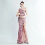 Luxelle8 Floral Beaded One-Shoulder High-Slit Evening Gown - Image 2