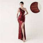 Luxelle8 One-Shoulder Beaded High-Slit Mermaid Evening Gown