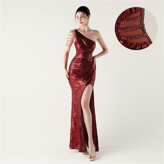 Hd7a1fff7639241818ccbf28470f33ca8d.jpg Luxelle8 One-Shoulder Beaded High-Slit Mermaid Evening Gown - Image 1