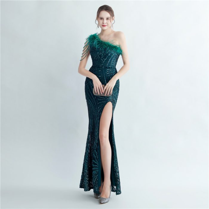 Beaded Feather Mermaid Evening Gown for Party Events | Luxelle8