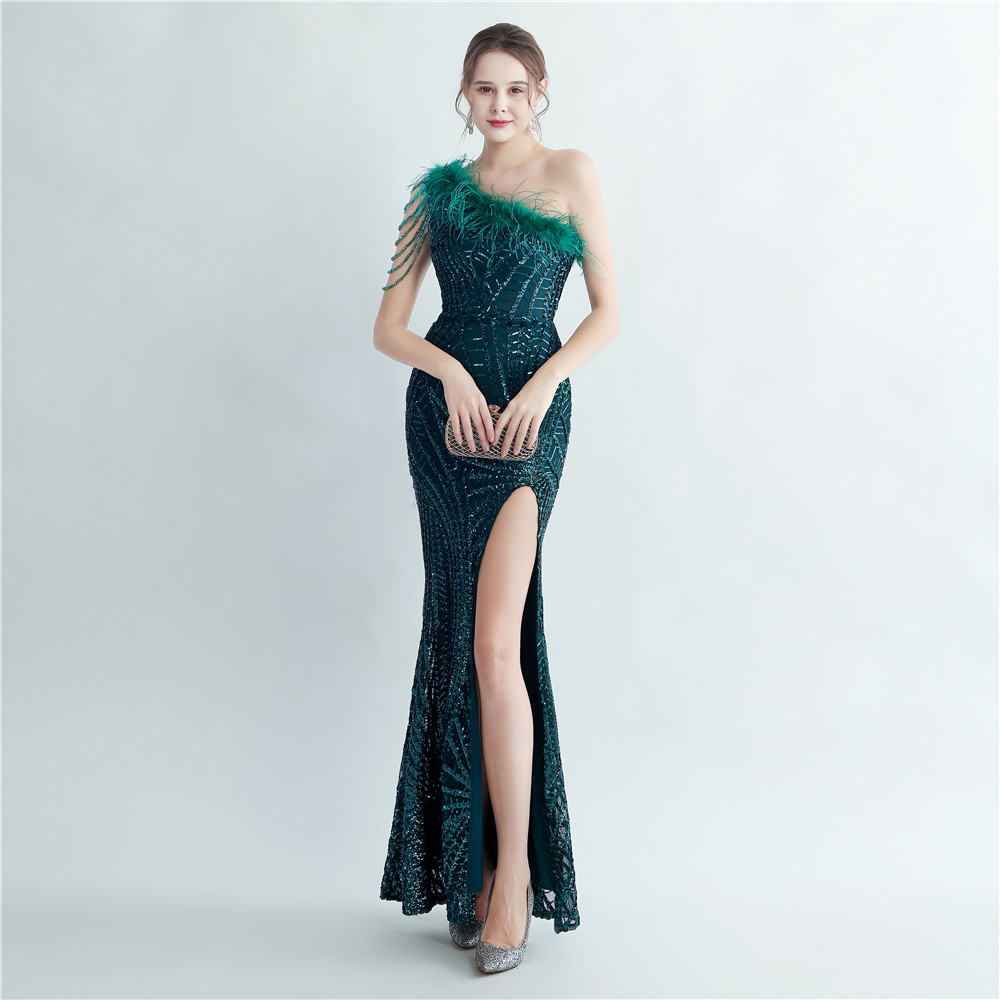 Hda63625f6e7747c0919eee3918ef7c730.jpg Luxelle8 Beaded Feather Mermaid Evening Gown - Image 1