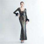 Luxelle8 Feather-Detail Beaded Long-Sleeve Evening Gown - Image 4